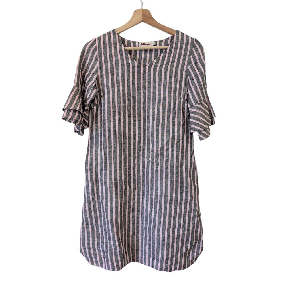 Fabindia Linen Shift Dress Pink Gray‎ XS Ruffle Flare Sleeve Normcore Lagenlook